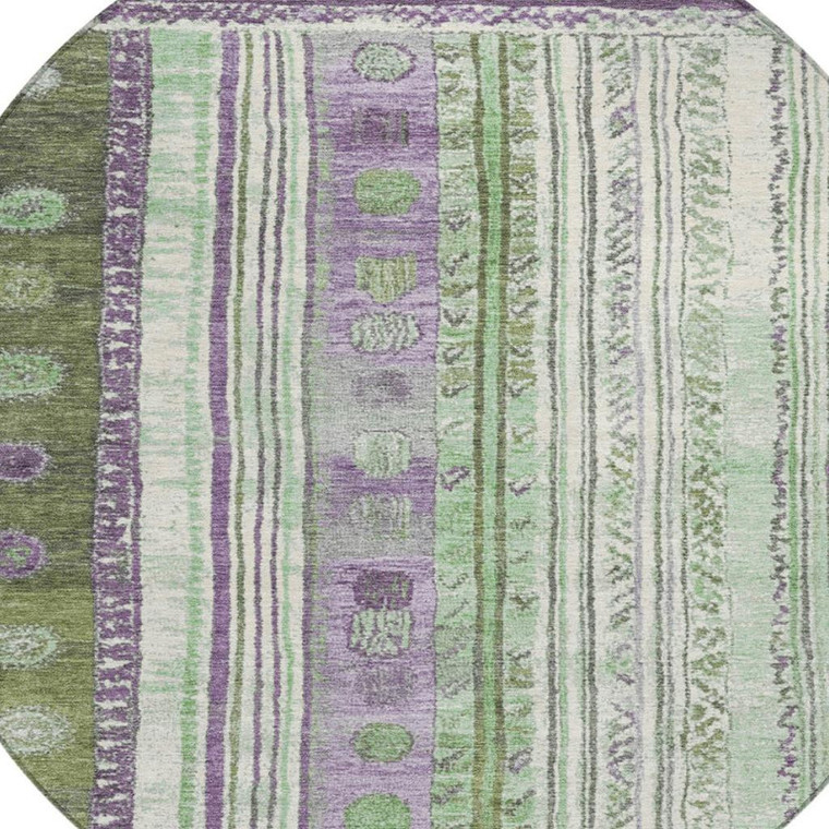 8' Purple And Green Round Striped Washable Indoor Outdoor Area Rug - Purple, Green