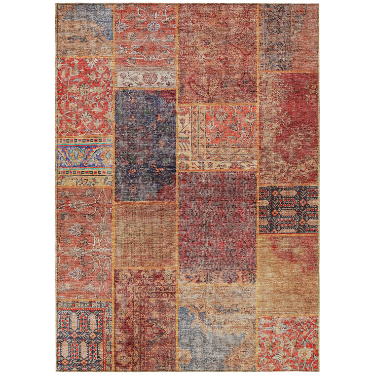 8' X 10' Red Orange And Blue Patchwork Washable Indoor Outdoor Area Rug