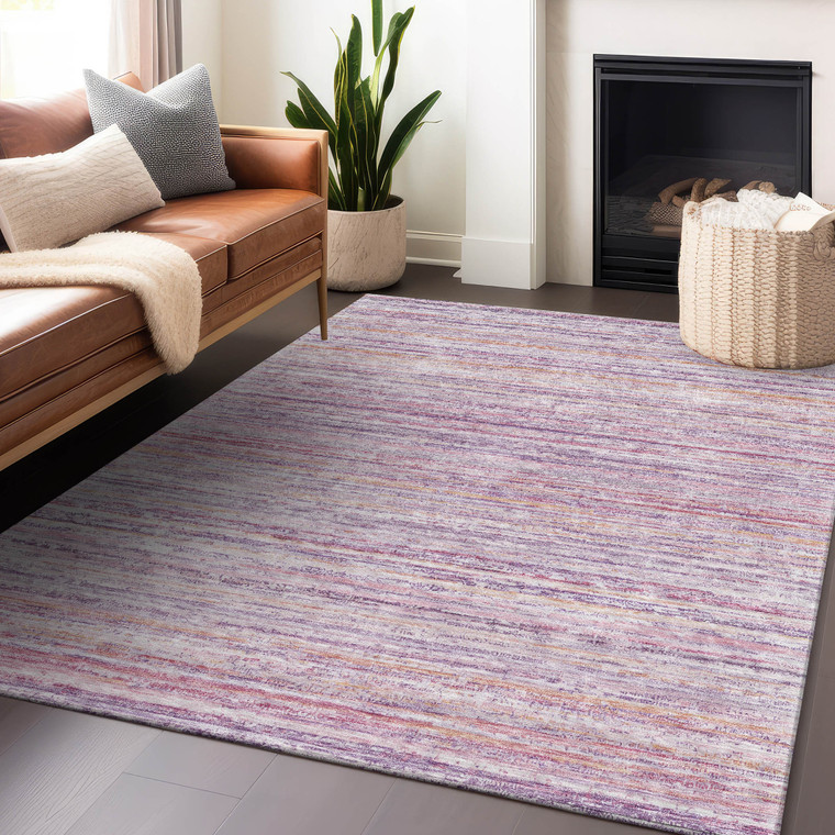 9' X 12' Mauve Striped Washable Indoor Outdoor Area Rug