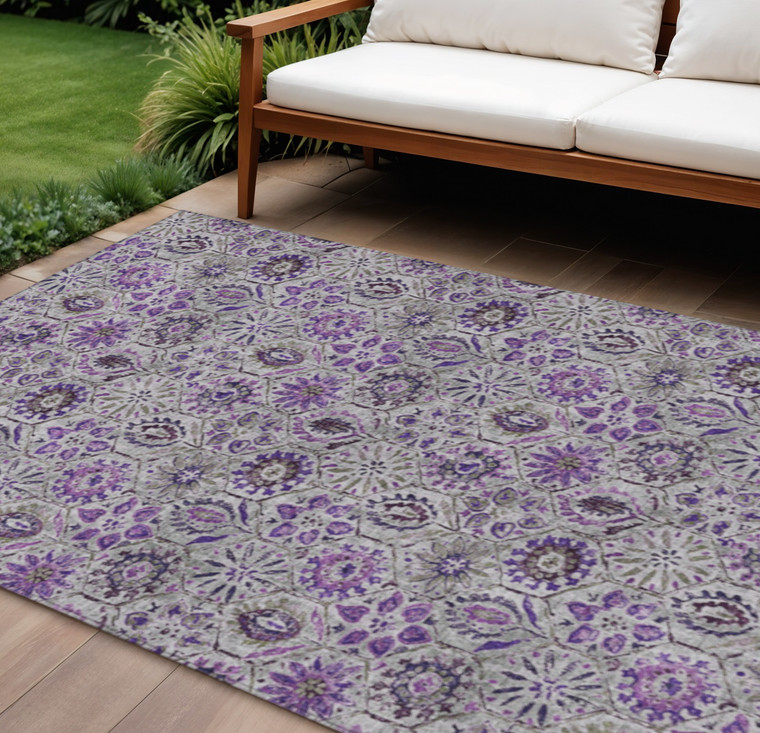 9' X 12' Purple And Gray Floral Washable Indoor Outdoor Area Rug - Purple, Gray