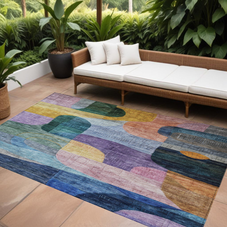 10' X 14' Blue Purple And Green Abstract Washable Indoor Outdoor Area Rug