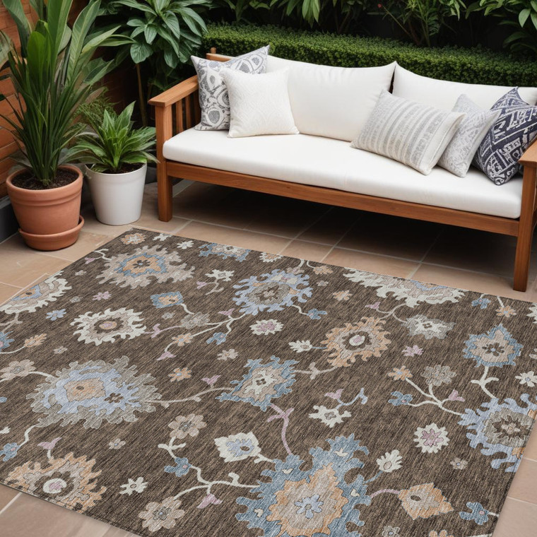 8' X 10' Chocolate Beige And Blue Floral Washable Indoor Outdoor Area Rug - 880016823899