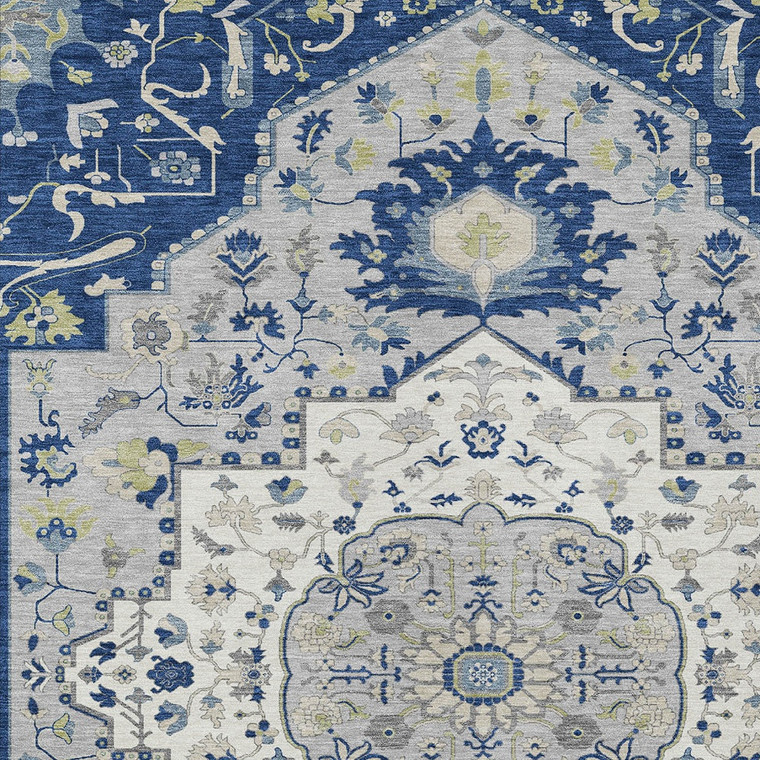 9' X 12' Navy Blue Ivory And Gray Oriental Washable Indoor Outdoor Area Rug