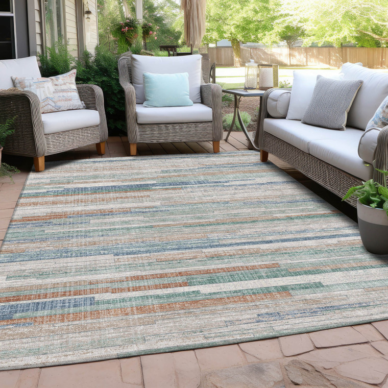 9' X 12' Linen And Pale Aqua Striped Washable Indoor Outdoor Area Rug