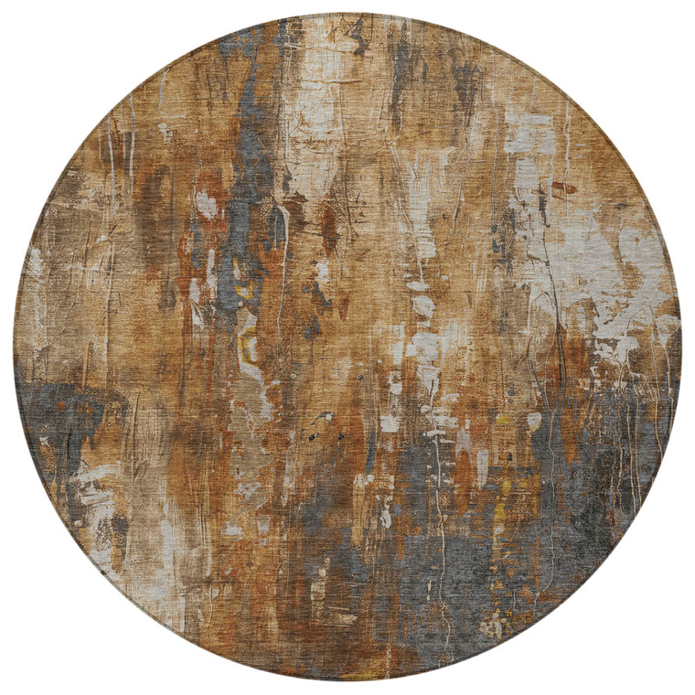 8' Rust Gray And Ivory Round Abstract Washable Indoor Outdoor Area Rug