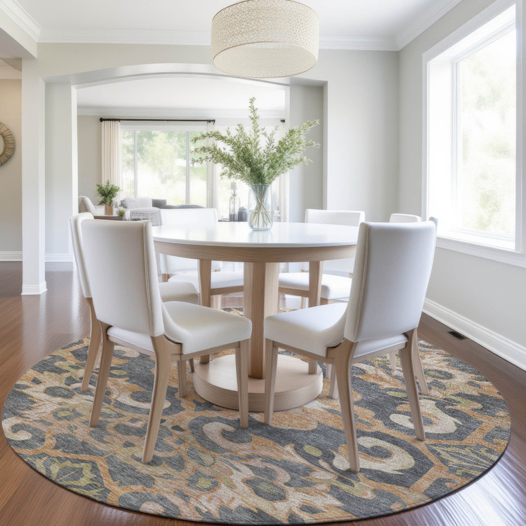 8' Terra Cotta And Charcoal Round Damask Washable Indoor Outdoor Area Rug - Terra Cotta, Charcoal