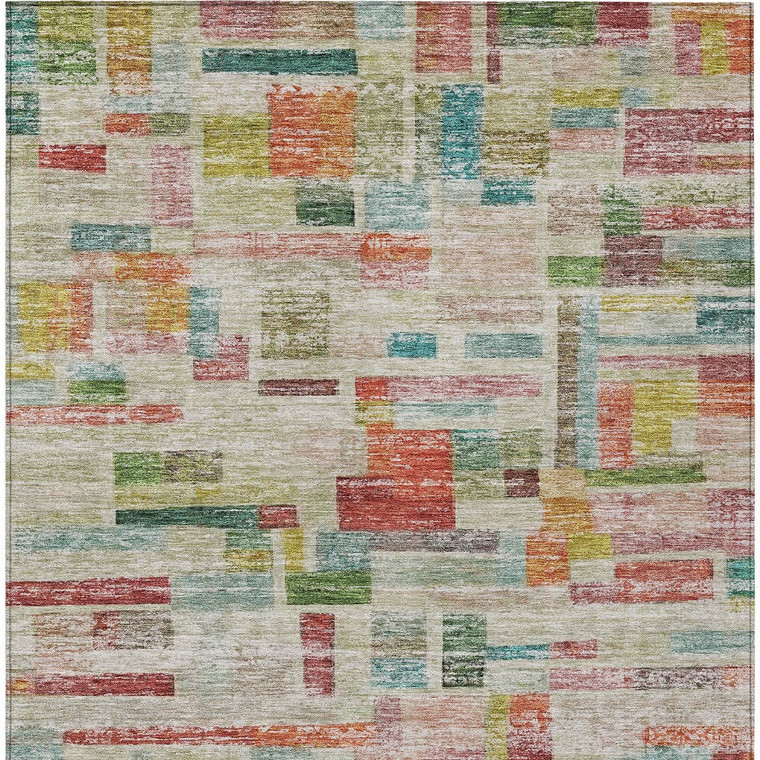 10' X 14' Terra Cotta Green And Brown Striped Washable Indoor Outdoor Area Rug