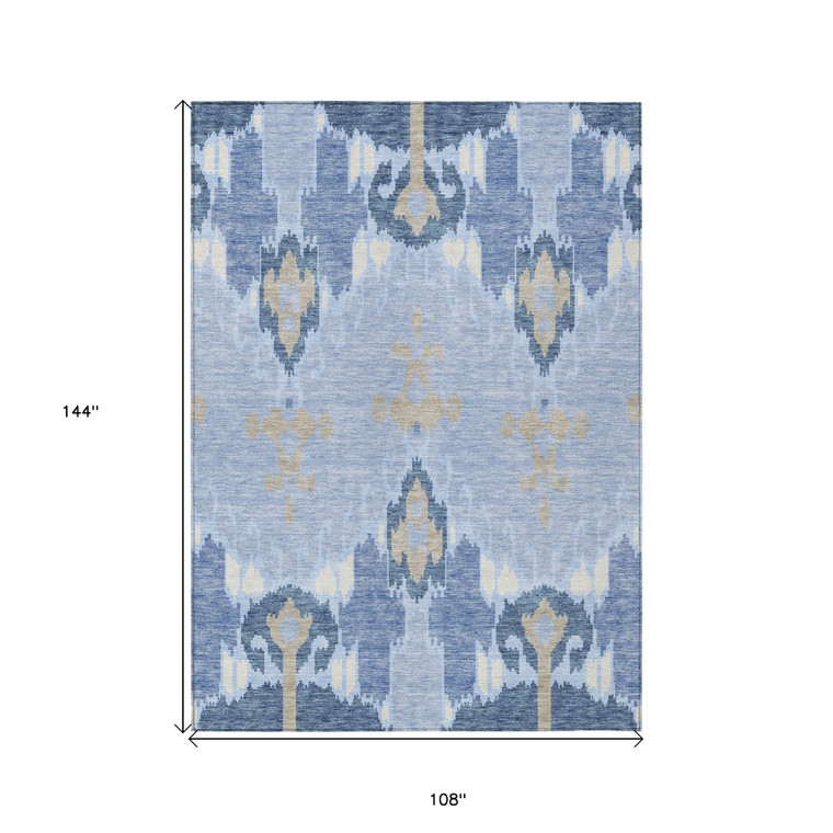 9' X 12' Sky Blue Denim Blue And Ivory Ikat Washable Indoor Outdoor Area Rug