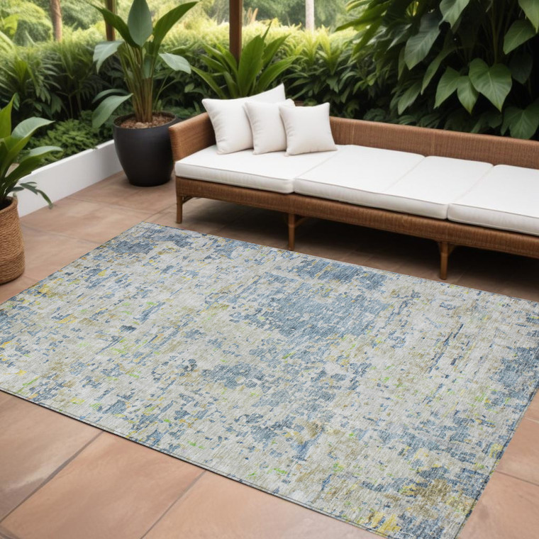 9' X 12' Blue Gray And Green Abstract Washable Indoor Outdoor Area Rug