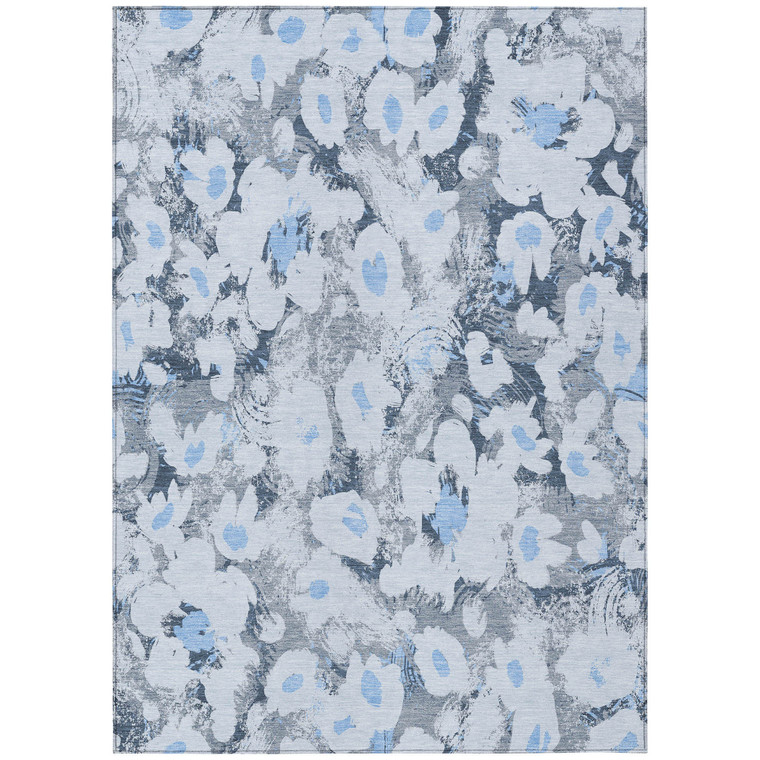 10' X 14' Denim Blue Floral Washable Non Skid Indoor Outdoor Area Rug