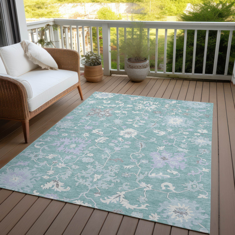 9' X 12' Pale Aqua Ivory And Gray Floral Washable Indoor Outdoor Area Rug