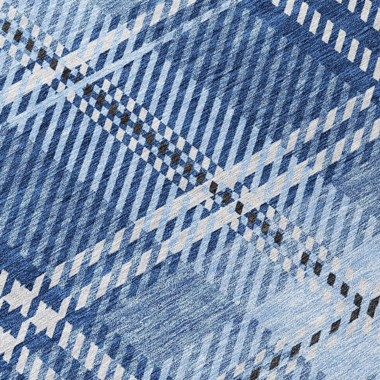 8' Navy Blue Black And Ivory Round Plaid Washable Indoor Outdoor Area Rug