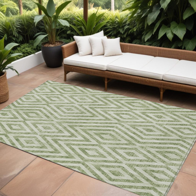 10' X 14' Green And Beige Geometric Washable Indoor Outdoor Area Rug - Green, Beige