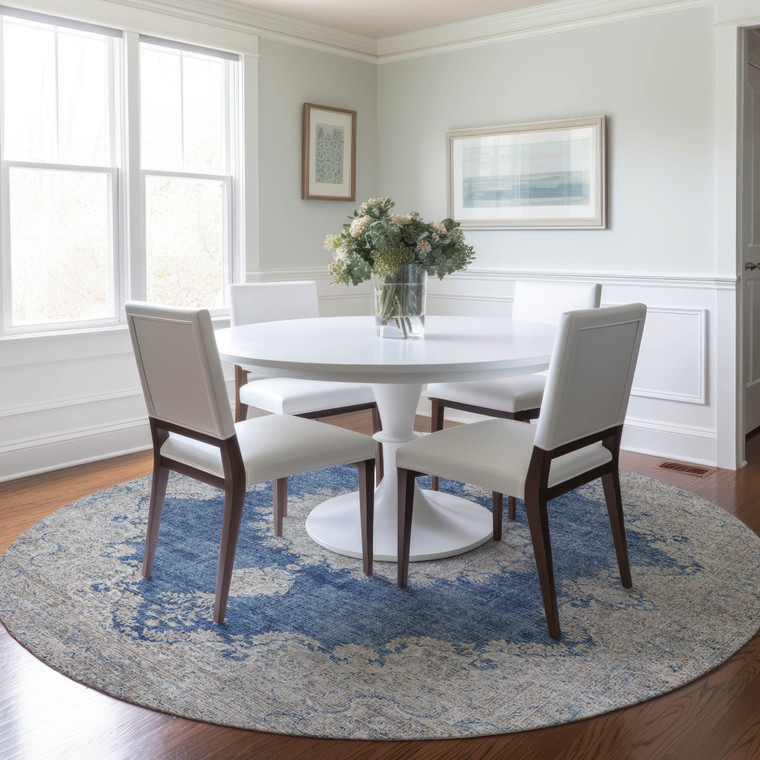 8' Navy Blue And Ivory Round Oriental Washable Indoor Outdoor Area Rug