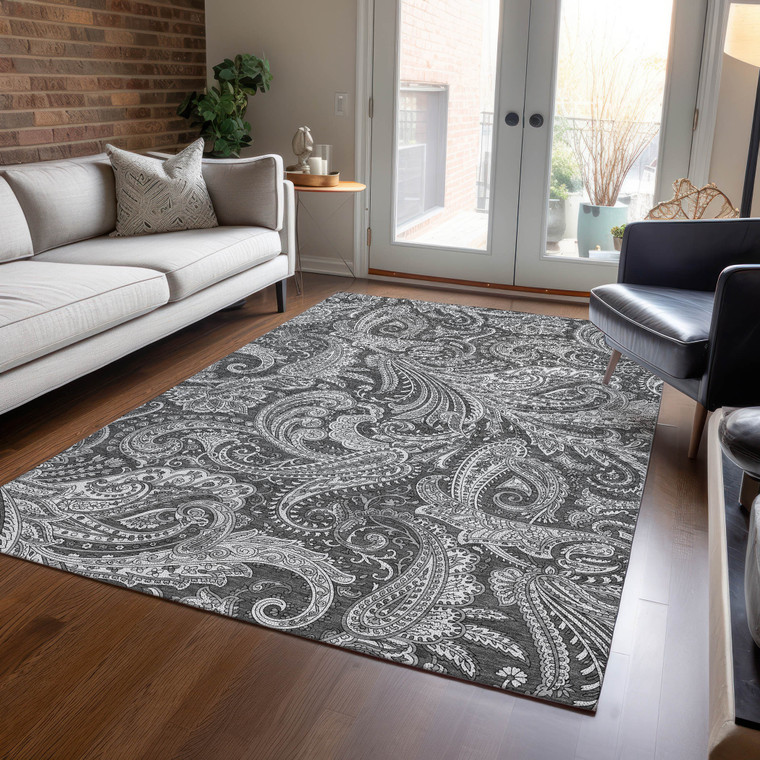10' X 14' Gray Charcoal And Ivory Paisley Washable Indoor Outdoor Area Rug
