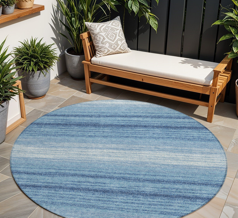 8' Blue And Ivory Round Abstract Washable Indoor Outdoor Area Rug - 880016583748