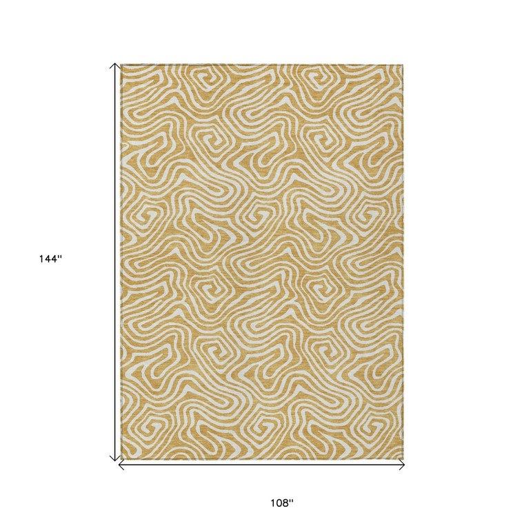 9' X 12' Gold And Ivory Abstract Washable Indoor Outdoor Area Rug Transitional Style - Gold, Ivory Color