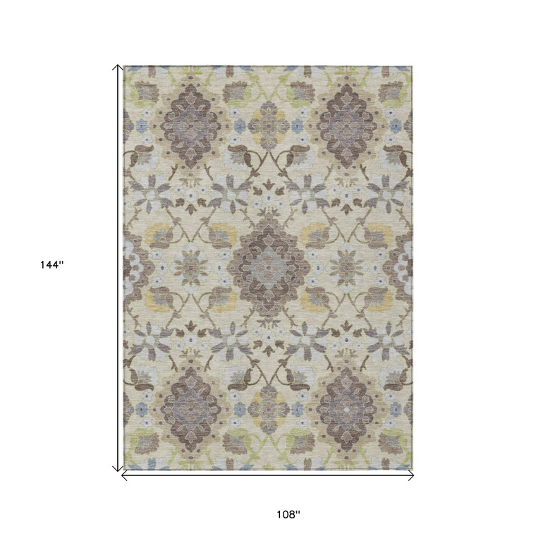 9' X 12' Ivory Brown And Green Oriental Washable Indoor Outdoor Area Rug