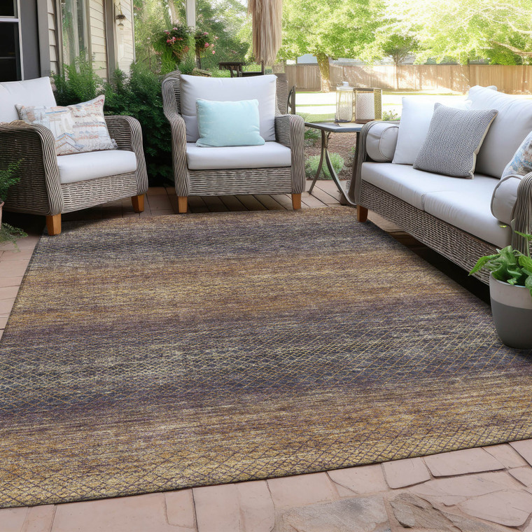 9' X 12' Eggplant And Brown Geometric Washable Indoor Outdoor Area Rug