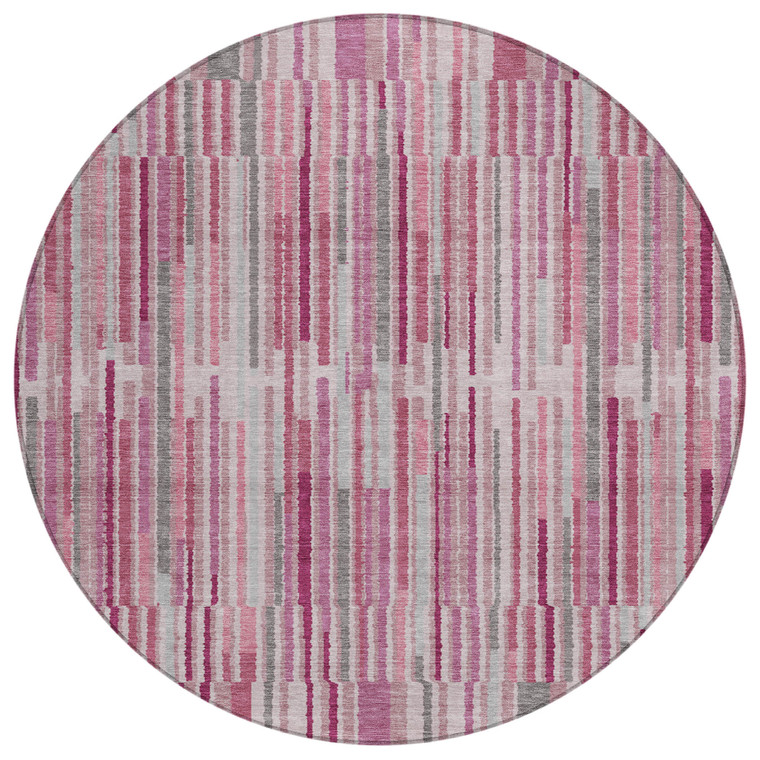 8' Blush And Ivory Round Striped Washable Indoor Outdoor Area Rug - Blush, Ivory