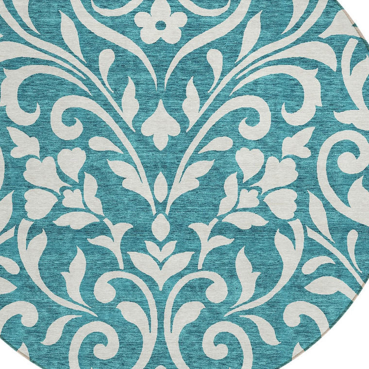 8' Teal Blue And Ivory Round Floral Washable Indoor Outdoor Area Rug Transitional Style - Teal Blue, Ivory Color