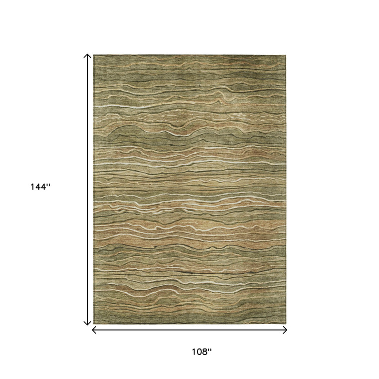 9' X 12' Fern Green And Taupe Abstract Washable Indoor Outdoor Area Rug