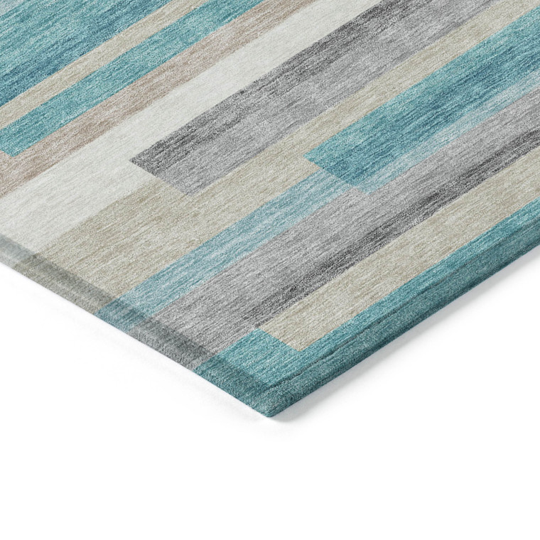 8' Teal Blue Gray And Beige Round Striped Washable Indoor Outdoor Area Rug