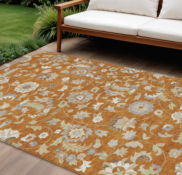 8' X 10' Copper Green And Gray Floral Washable Indoor Outdoor Area Rug
