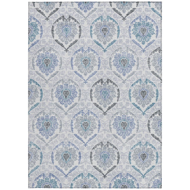 10' X 14' Gray And Denim Blue Medallion Washable Indoor Outdoor Area Rug