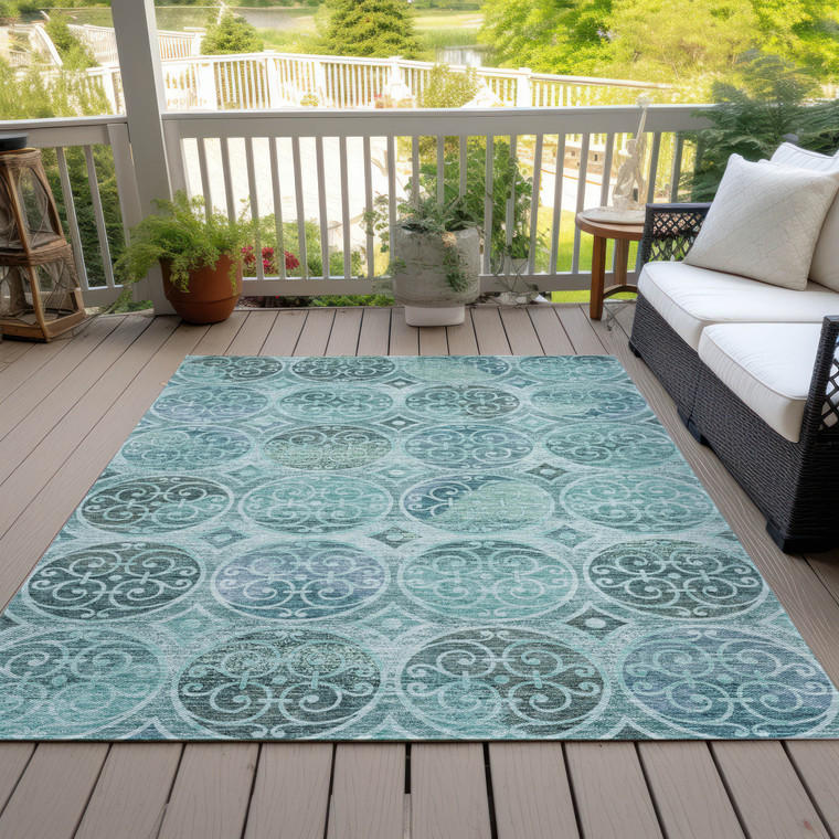10' X 14' Teal Blue And Aqua Trellis Washable Indoor Outdoor Area Rug