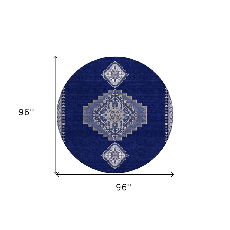 8' Navy Blue Gray And Brown Round Oriental Washable Indoor Outdoor Area Rug