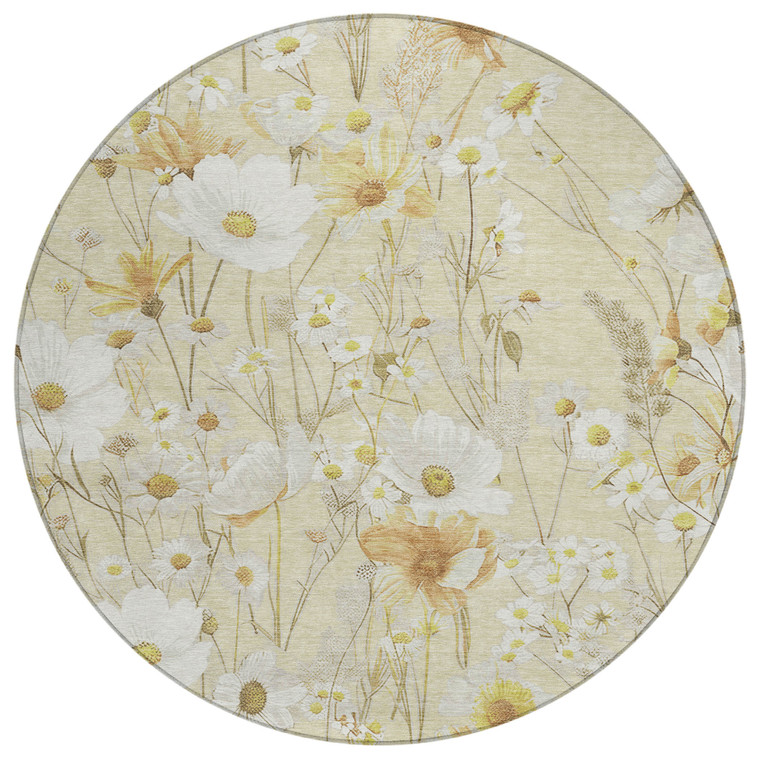 8' Wheat And Ivory Round Floral Washable Indoor Outdoor Area Rug