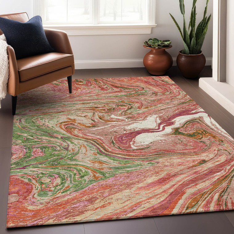 8' X 10' Coral Green And Ivory Abstract Washable Indoor Outdoor Area Rug