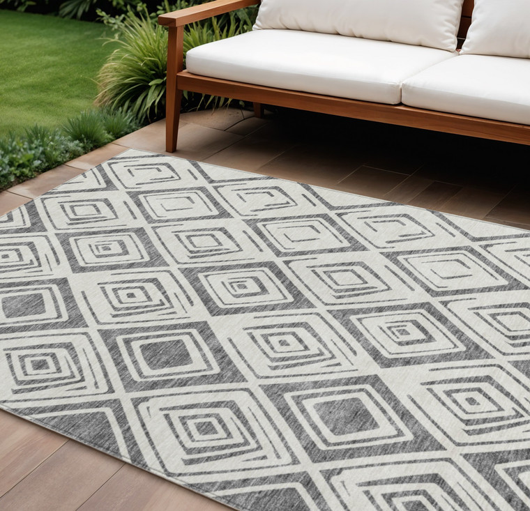 10' X 14' Gray And Ivory Geometric Washable Indoor Outdoor Area Rug Transitional Style - Gray, Ivory Color