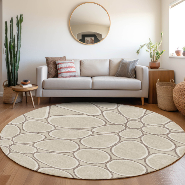 8' Beige And Brown Round Abstract Washable Indoor Outdoor Area Rug Transitional Style - Beige, Brown Color