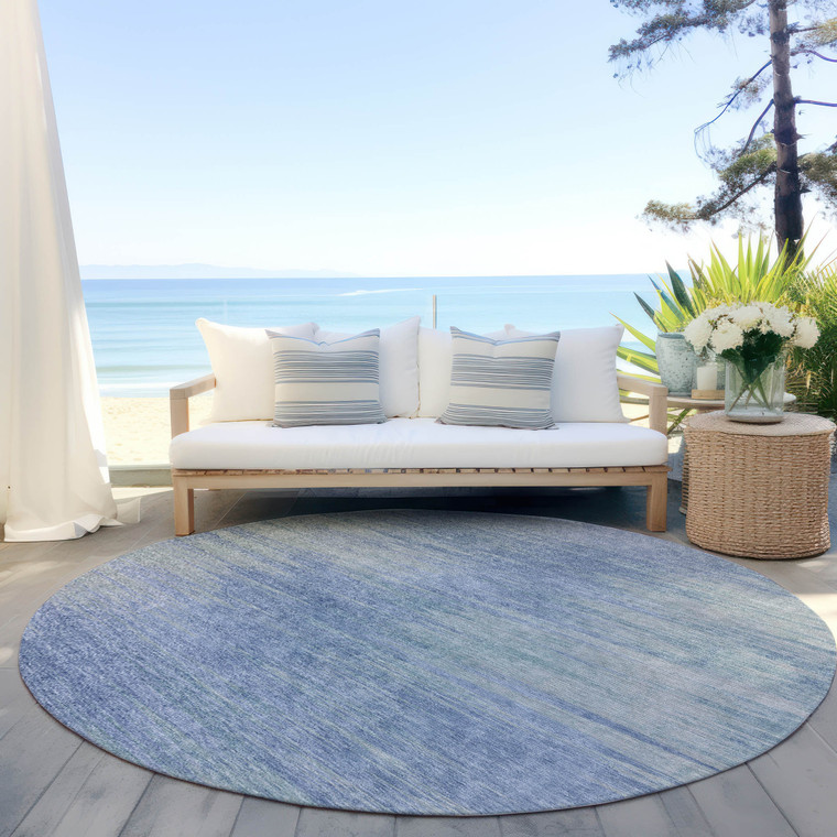 8' Denim Blue And Sky Blue Round Abstract Washable Indoor Outdoor Area Rug - 608219157296