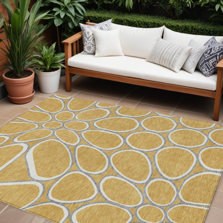10' X 14' Gold Gray And Ivory Abstract Washable Indoor Outdoor Area Rug - Gold, Gray, Ivory