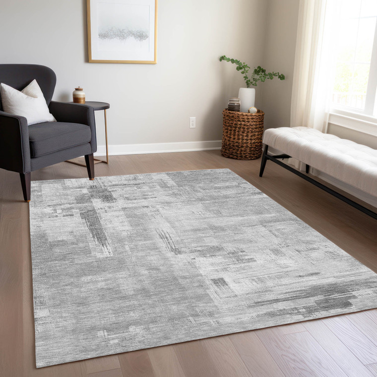 10' X 14' Gray And Off White Abstract Washable Indoor Outdoor Area Rug