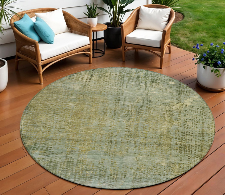 8' Green And Ivory Round Abstract Washable Indoor Outdoor Area Rug - Green, Ivory