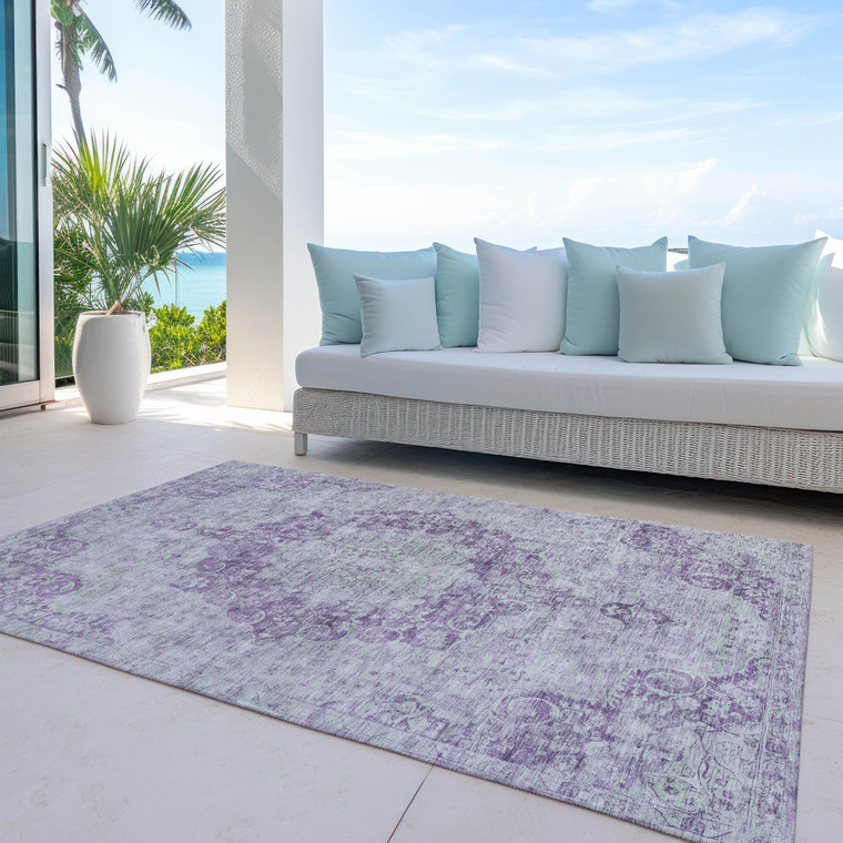 10' X 14' Purple Floral Medallion Washable Indoor Outdoor Area Rug