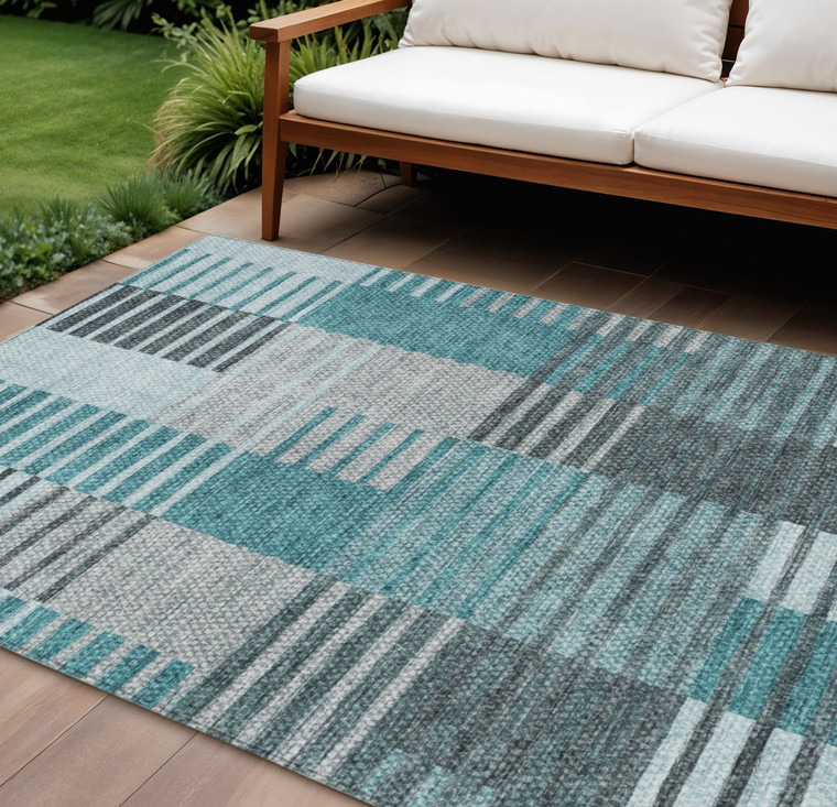 9' X 12' Teal Blue Aqua And Gray Striped Washable Indoor Outdoor Area Rug - 608219397456