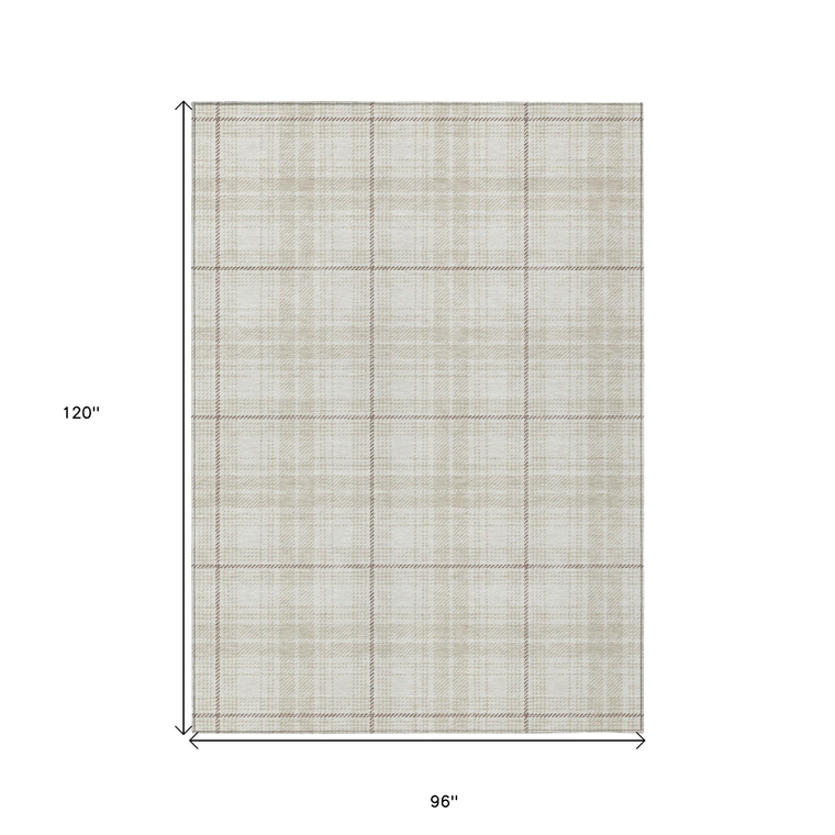 8' X 10' Ivory Beige And Brown Plaid Washable Indoor Outdoor Area Rug