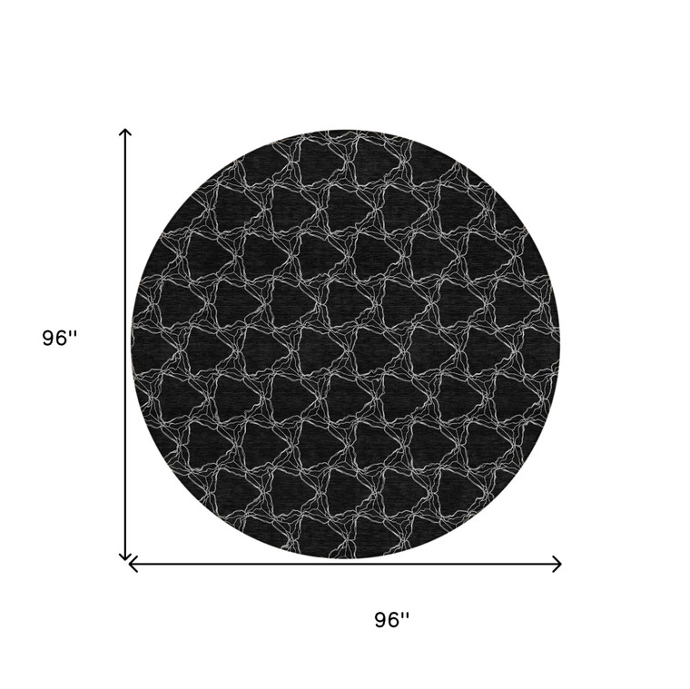 8' Black And White Round Geometric Washable Indoor Outdoor Area Rug
