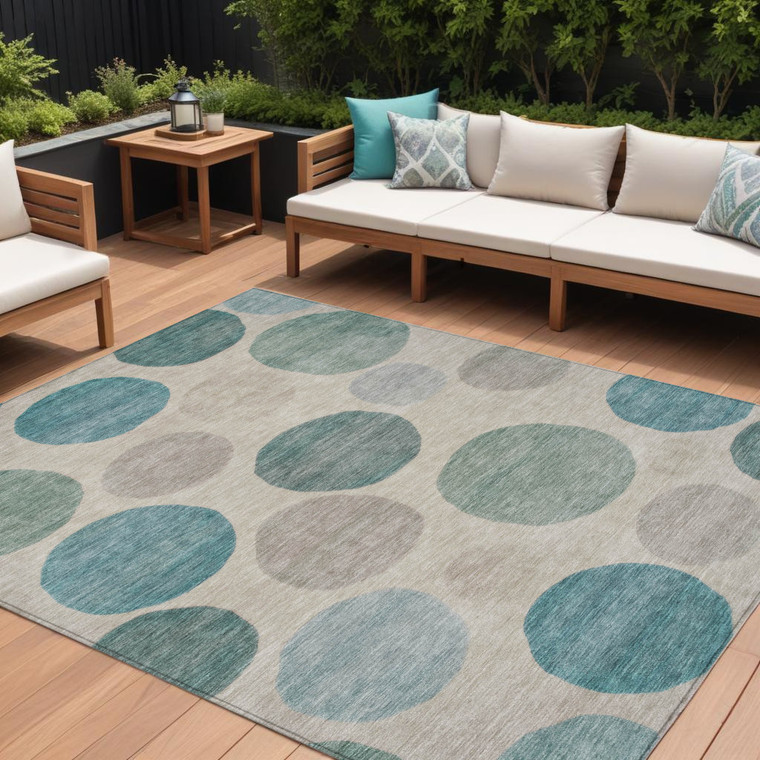 10' X 14' Teal Blue Ivory And Pale Aqua Geometric Washable Indoor Outdoor Area Rug