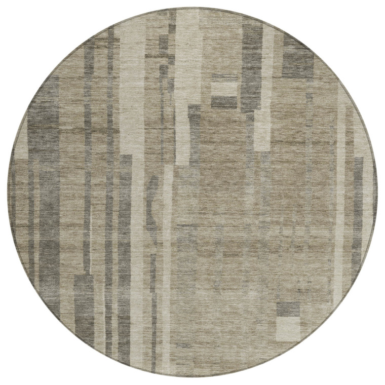 8' Taupe And Dark Gray Round Striped Washable Indoor Outdoor Area Rug