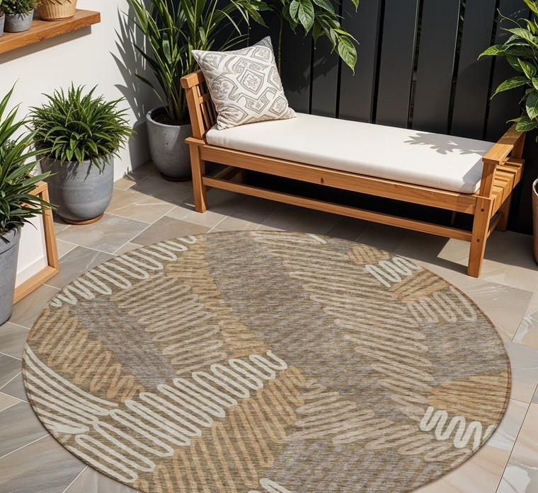 8' Brown And Ivory Round Floral Washable Indoor Outdoor Area Rug - Brown, Ivory