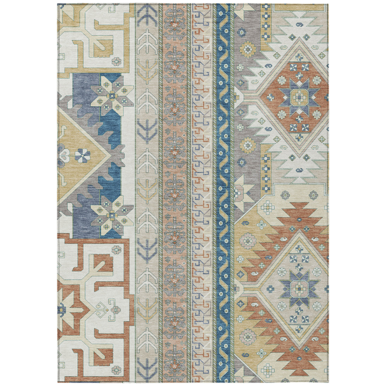 9' X 12' Ivory Blue And Brown Aztec Washable Indoor Outdoor Area Rug
