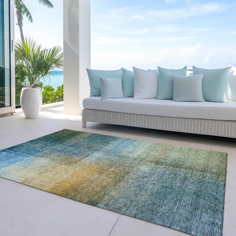10' X 14' Blue Gold And Green Abstract Washable Indoor Outdoor Area Rug