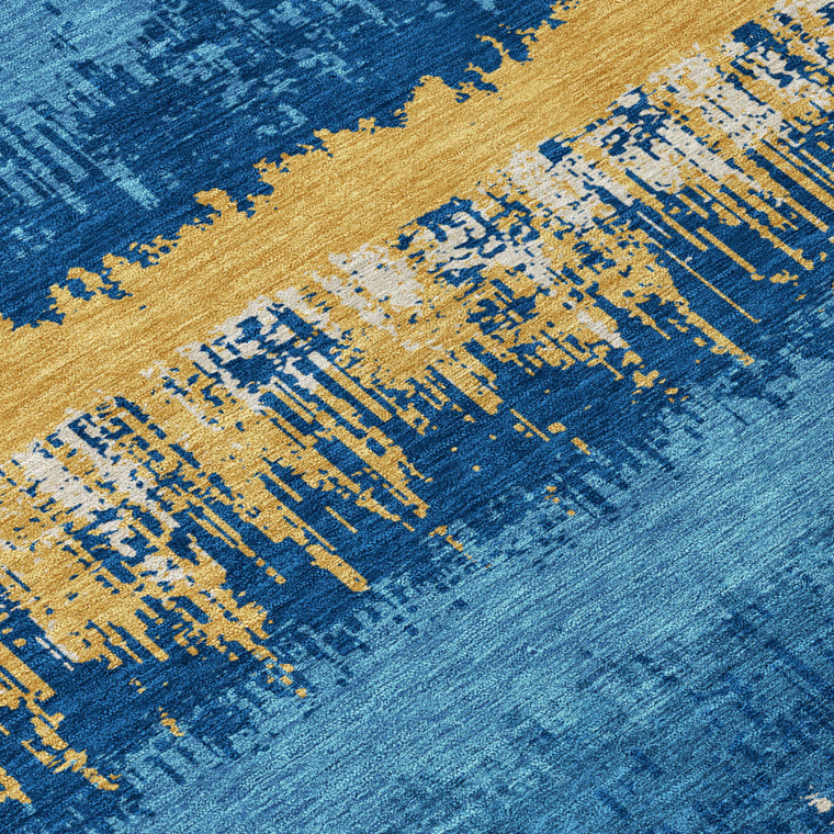 8' X 10' Navy Blue Gold And Ivory Striped Washable Indoor Outdoor Area Rug