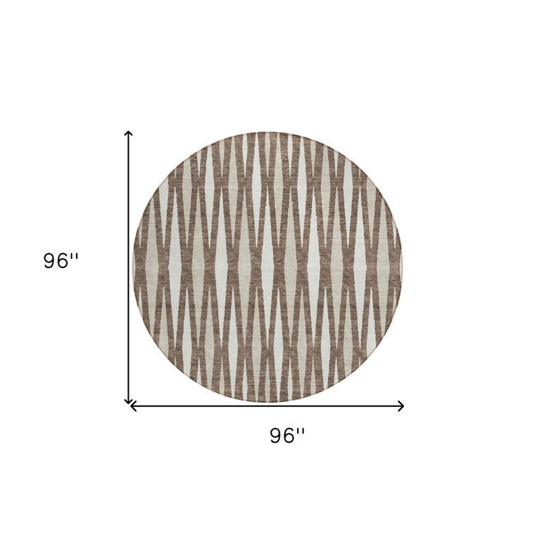 8' Brown And Ivory Round Geometric Washable Indoor Outdoor Area Rug - Brown, Ivory